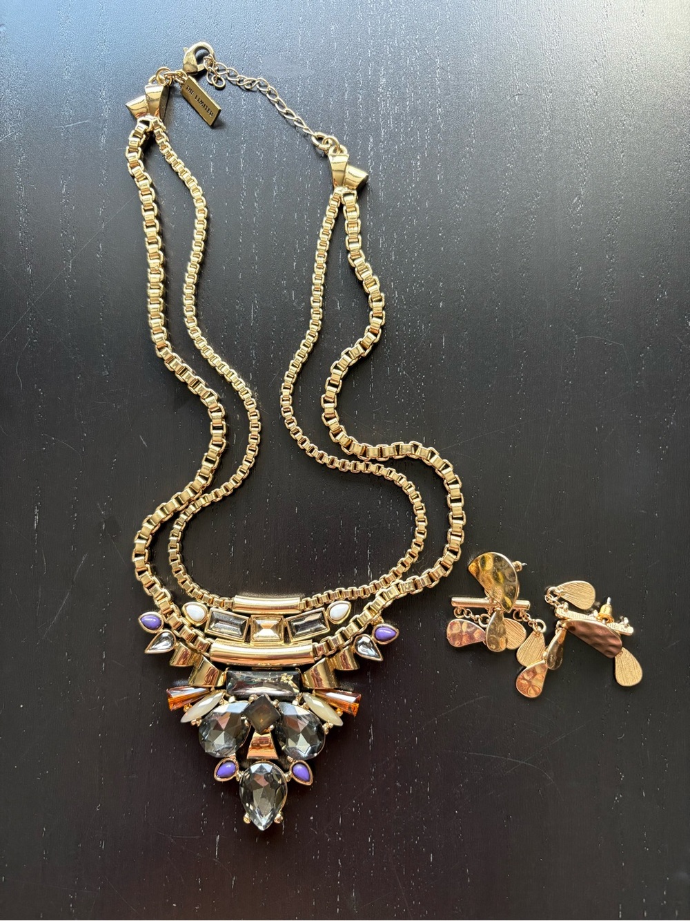 Vintage The Limited Gold Tone Statement Bib Necklace w Gold Chandelier Earrings